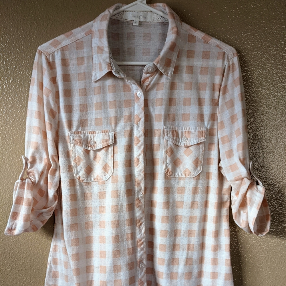 Button up plaid shirt in cream and soft coral